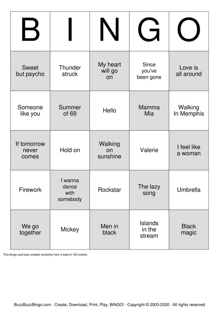 Download Free Rock 'N' Roll Bingo Cards Download Free Rock 'N' Roll Bingo Cards