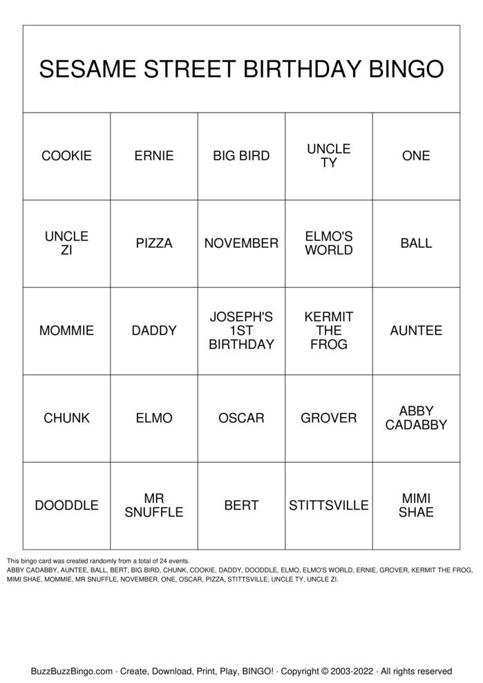Download Free SESAME STREET BIRTHDAY BINGO Bingo Cards