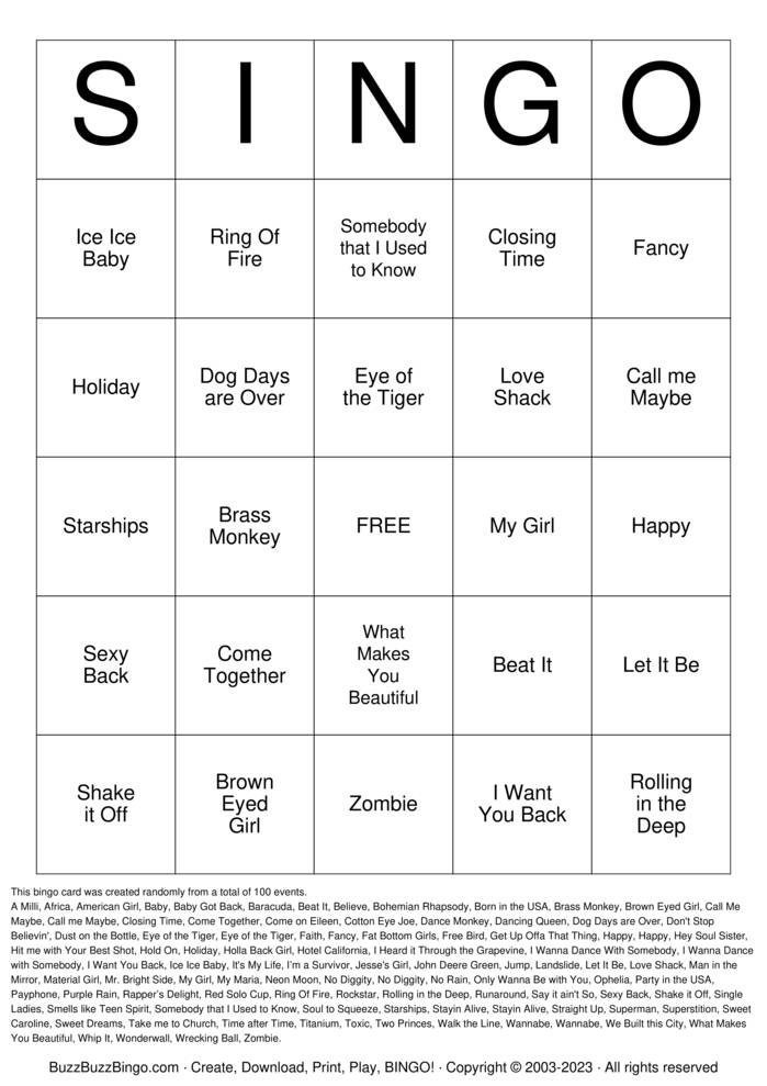 Download Free SINGO - CLASSIC Bingo Cards Download Free SINGO - CLASSIC Bingo Cards