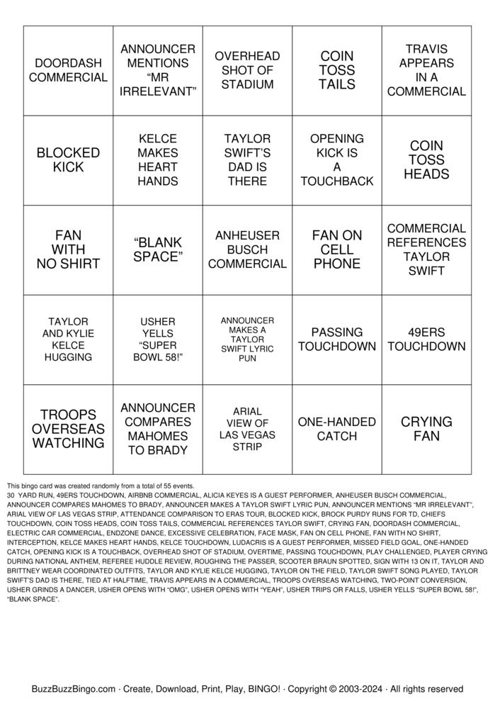 SUPERBOWL LVIII BINGO Bingo Cards to Download, Print and Customize!