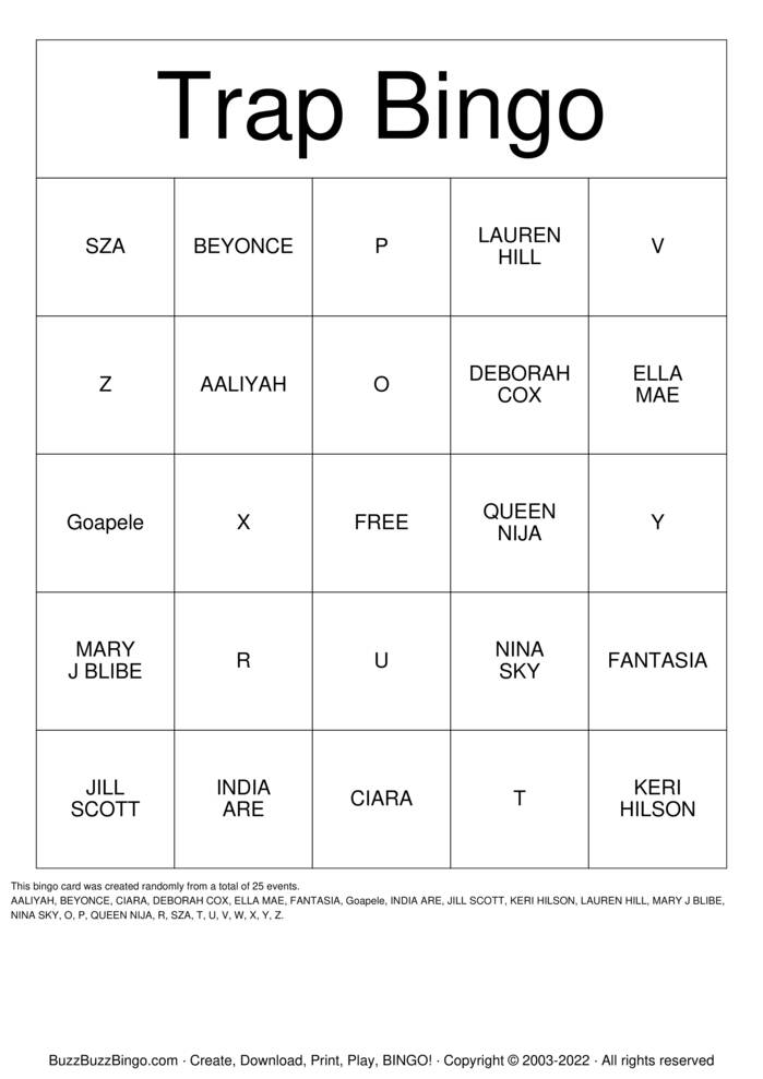 TRAP BINGO Bingo Cards to Download, Print and Customize!