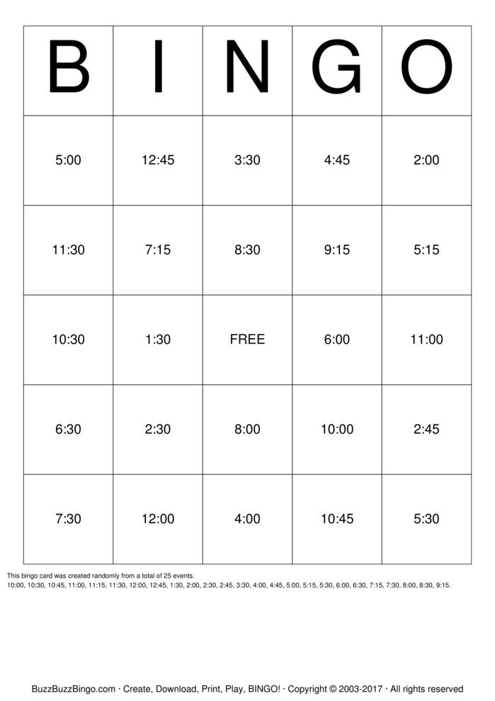 Telling Time Bingo Cards To Download Print And Customize 