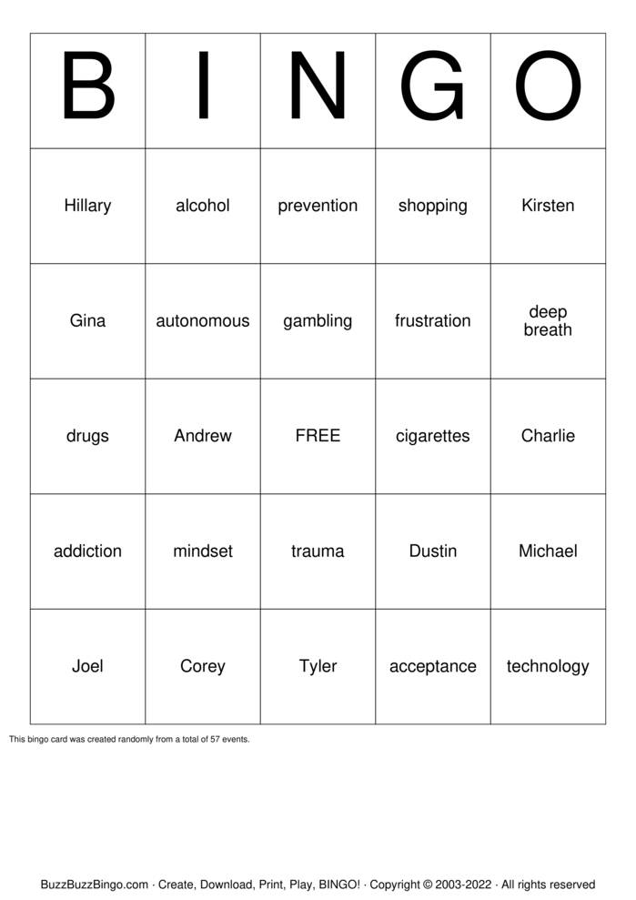 addiction Bingo Cards to Download, Print and Customize!
