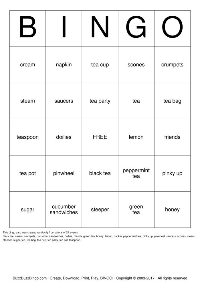 tea party bingo Bingo Cards to Download, Print and Customize!
