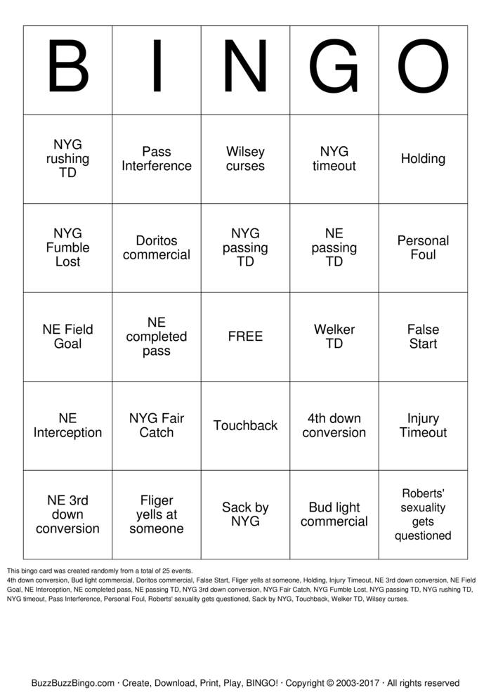 2012 Superbowl NYG vs NE Bingo Cards to Download, Print and Customize!
