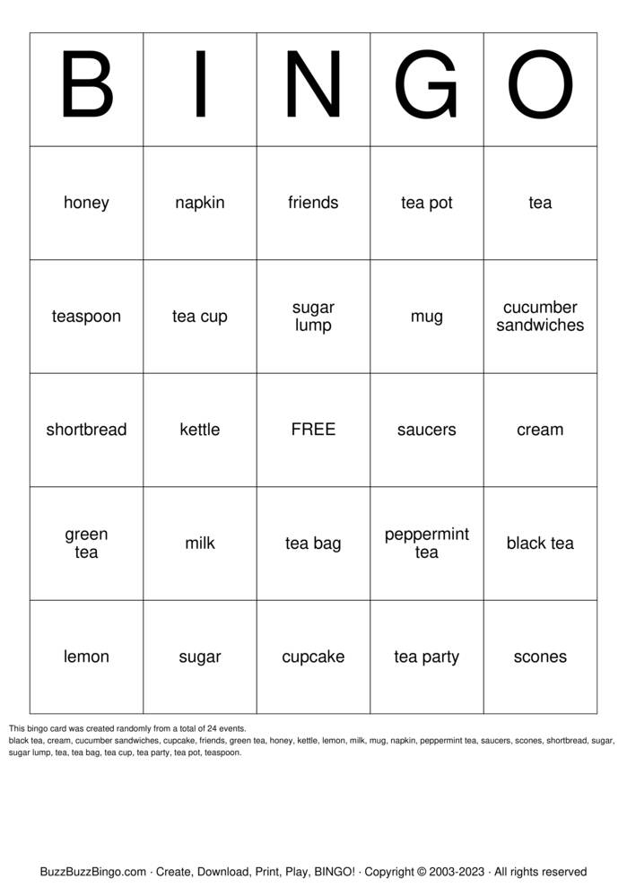 Download Free 4Score  Tea Party Bingo Bingo Cards