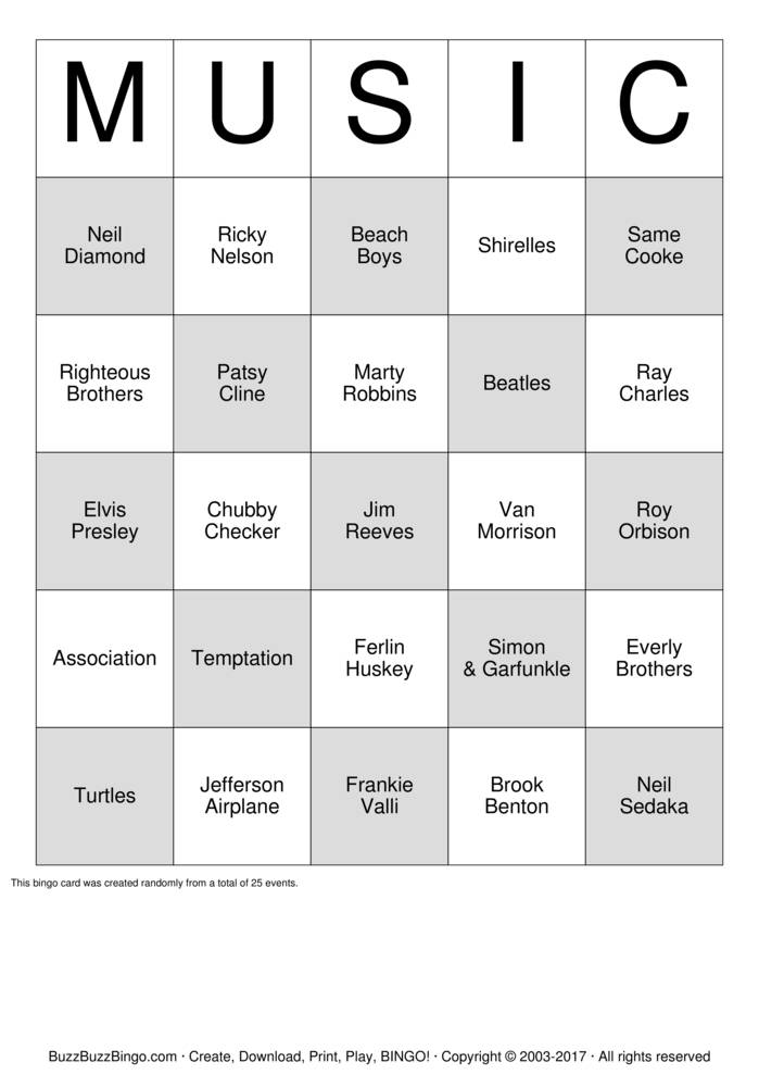 Download Free 60's Artist Bingo Cards Download Free 60's Artist Bingo Cards