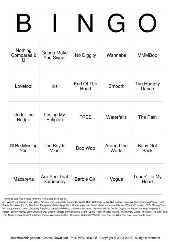 Download Free 90s Hit Songs 1 Bingo Cards