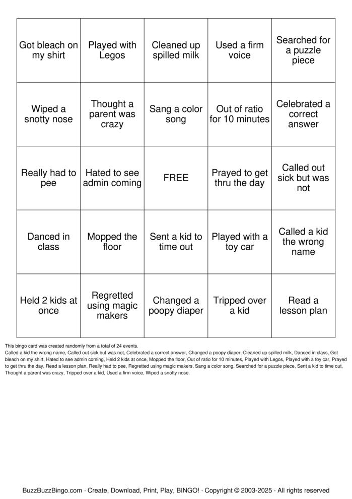 Download Free A Day In Childcare Bingo Cards