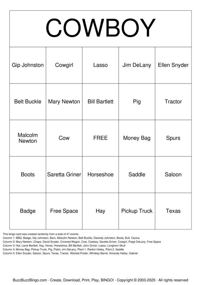 COWBOY Bingo Cards to Download, Print and Customize!