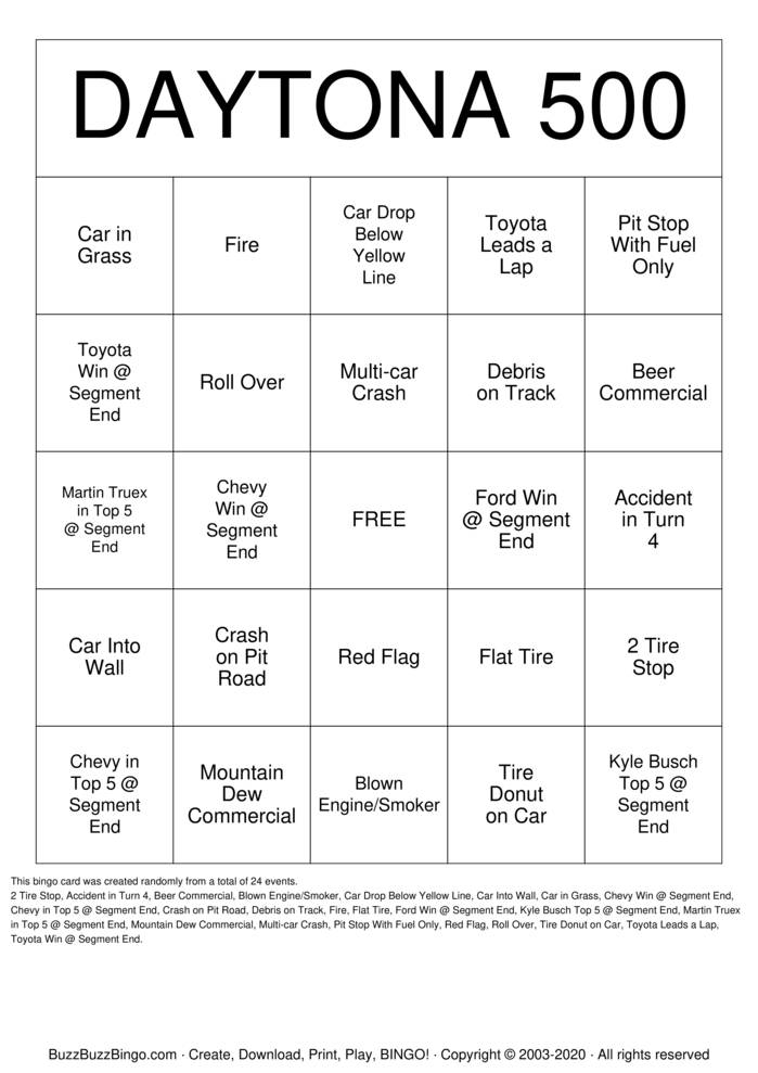 Download Free DAYTONA 500 Bingo Cards