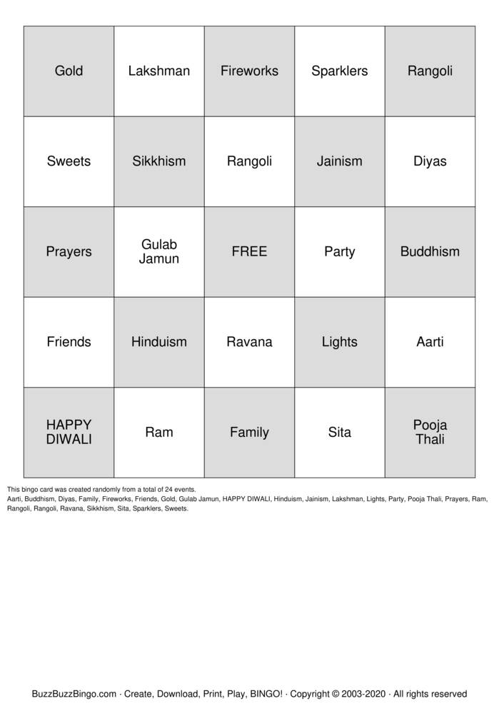 DIWALI BINGO Bingo Cards to Download, Print and Customize!