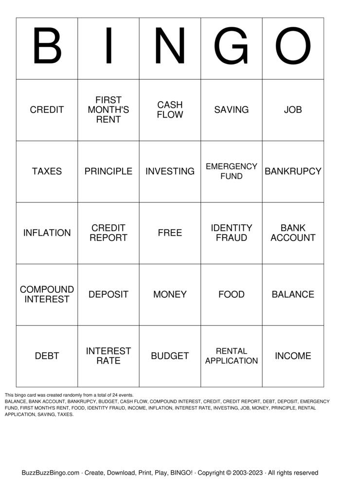 Download Free FINANCIAL LITERACY Bingo Cards