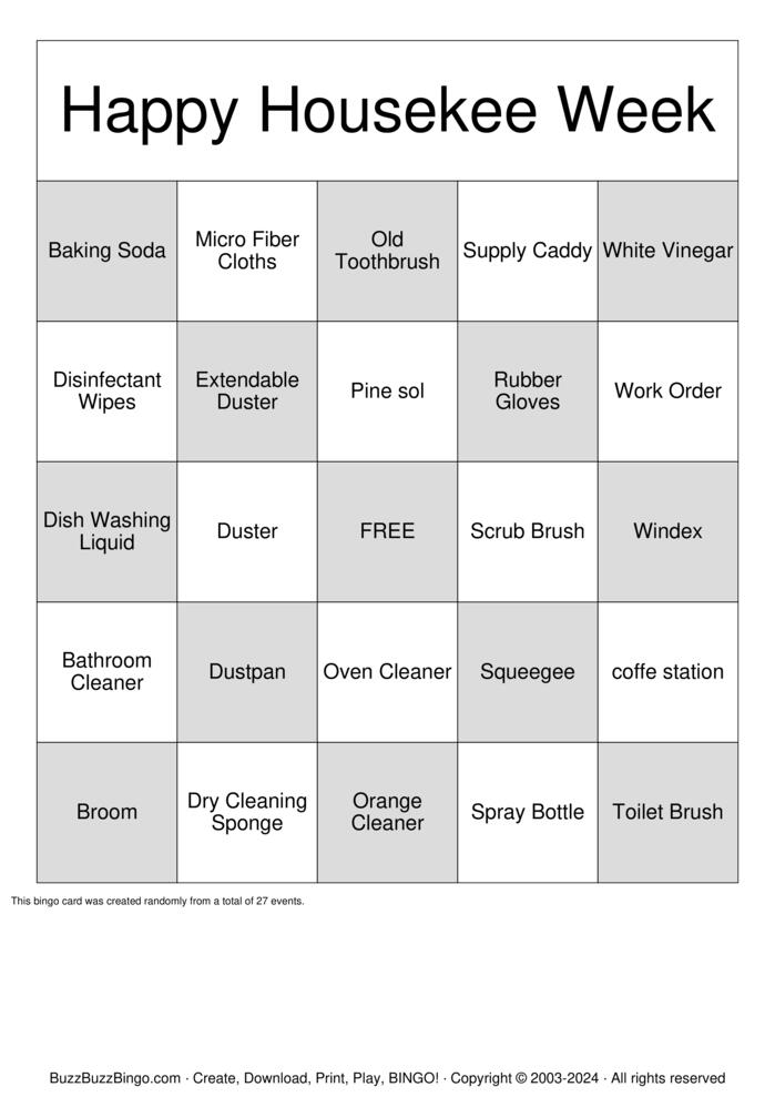 Download Free Housekeeping  Bingo Cards