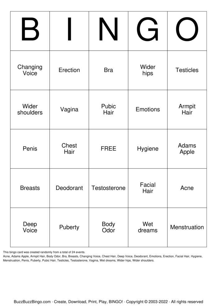 It's Puberty ! Bingo Cards to Download, Print and Customize!