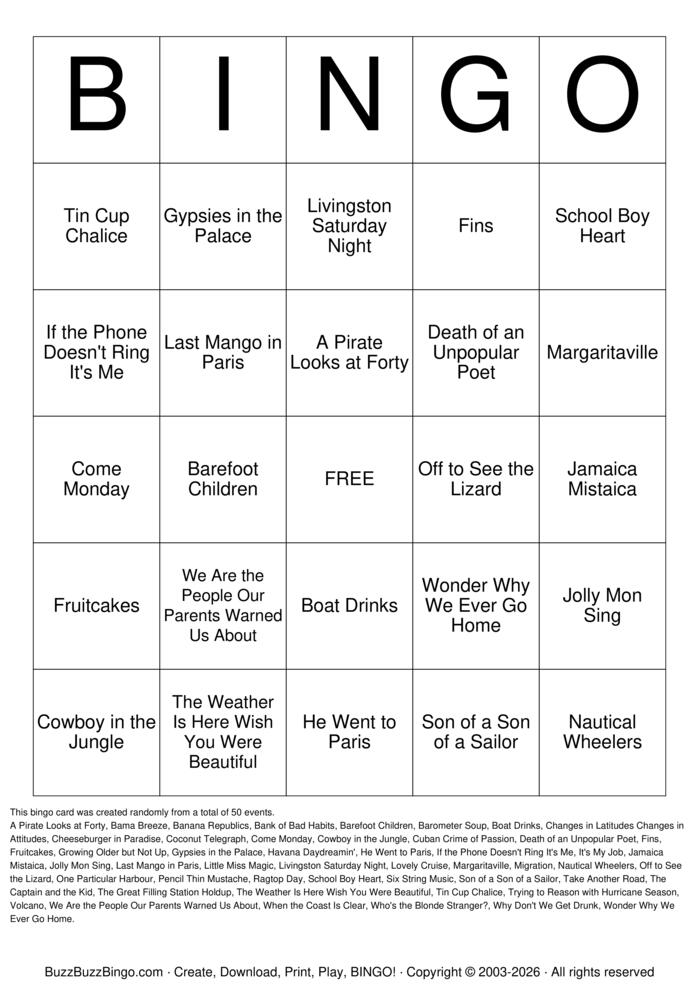 Download Free Jimmy Buffett Songs Top 50 Bingo Cards