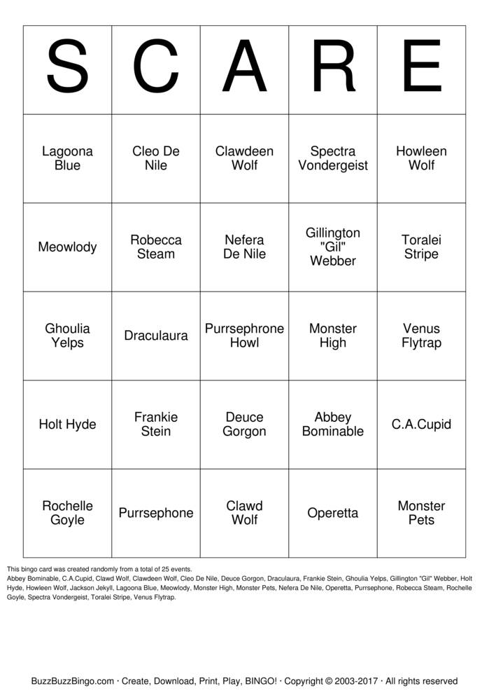 Monster High Bingo Cards to Download, Print and Customize!