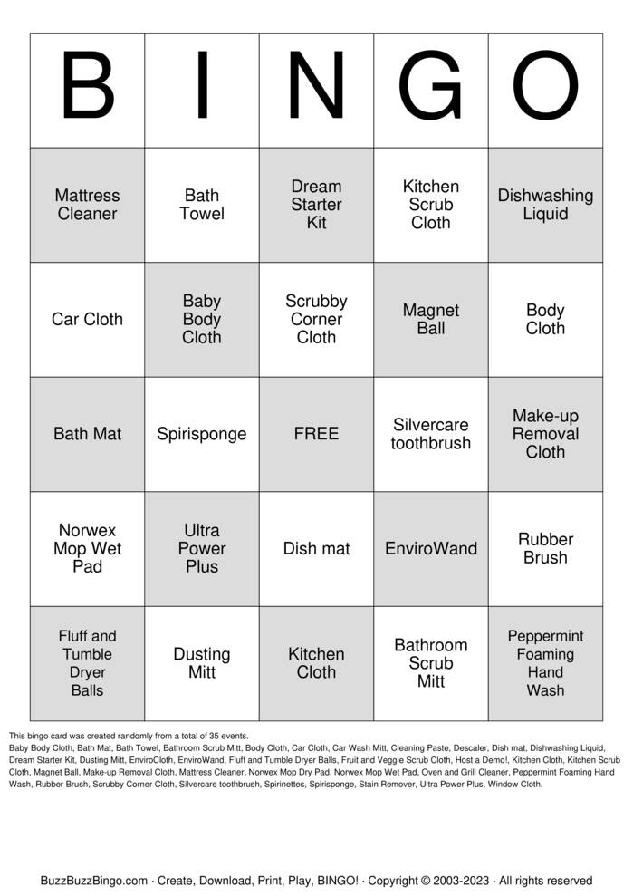 Download Free NORWEX BINGO Bingo Cards