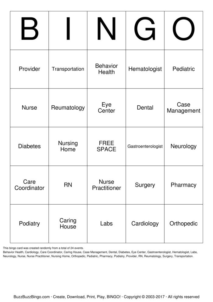 Download Free Nurse Bingo Cards