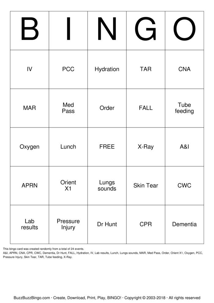 Download Free Nurse Bingo Cards