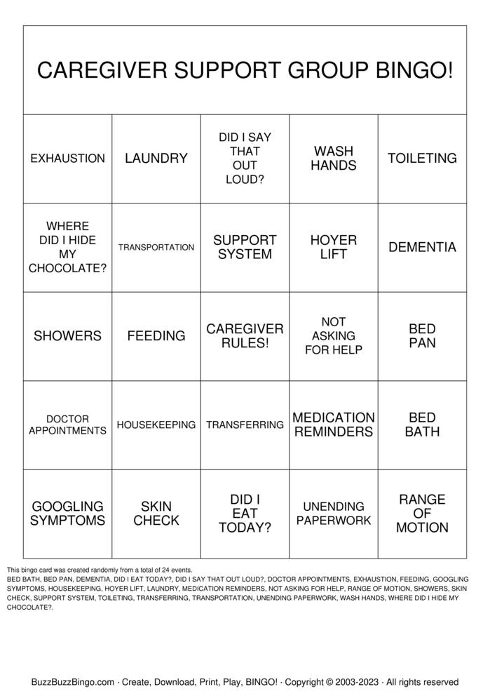 OBVAMC CAREGIVER SUPPORT GROUP BINGO!! Bingo Cards to Download, Print ...