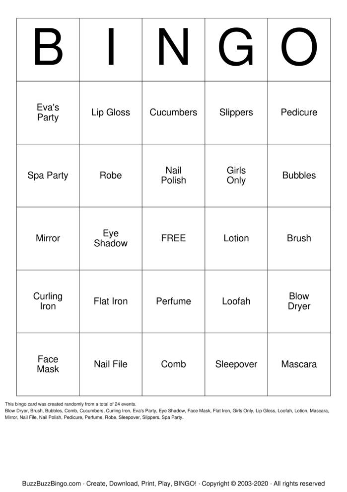 Spa Party Bingo Cards to Download, Print and Customize!