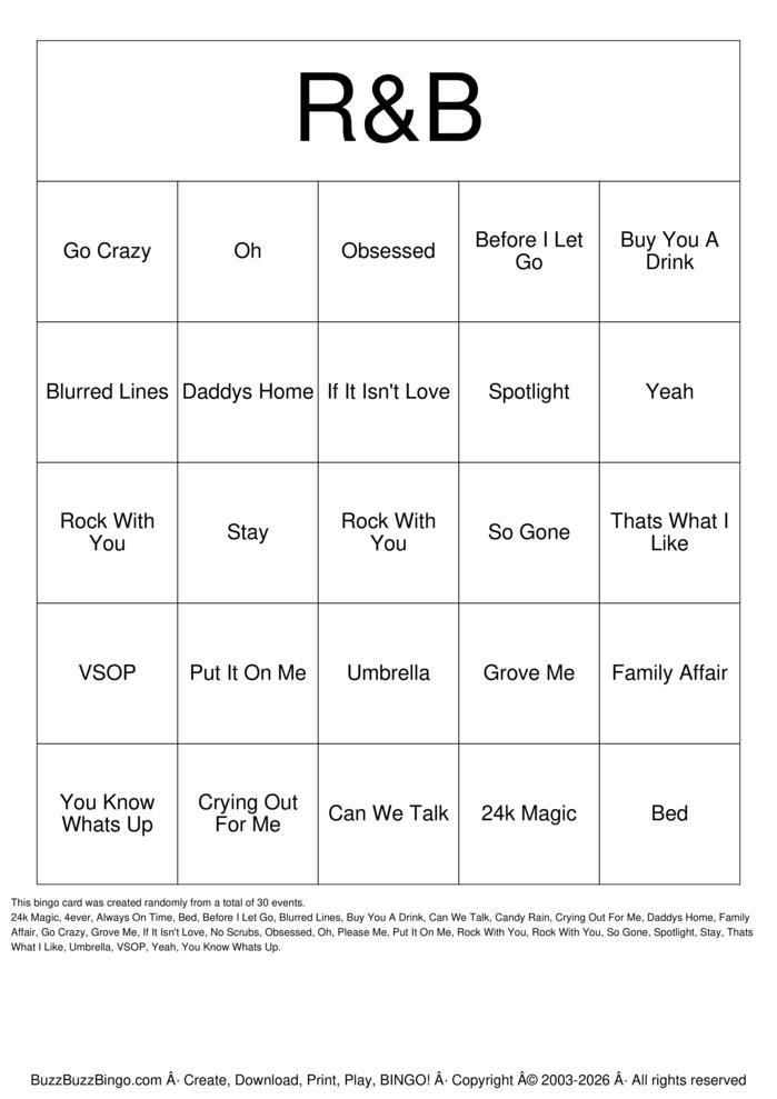 Download Free THE GARAGE R&B BINGO Bingo Cards