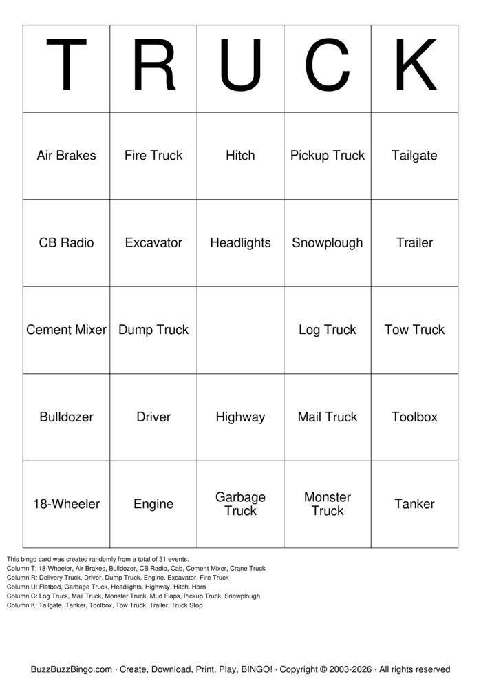 Download Free TRUCK Bingo Cards Download Free TRUCK Bingo Cards