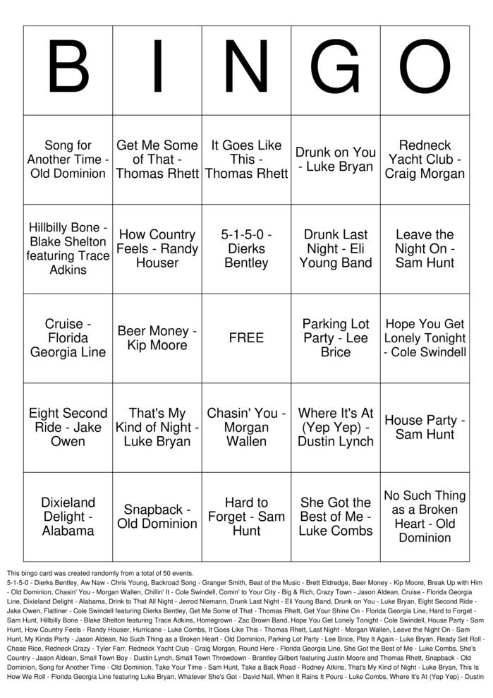 Download Free Tailgate Country Top 50 Bingo Cards Download Free Tailgate Country Top 50 Bingo Cards