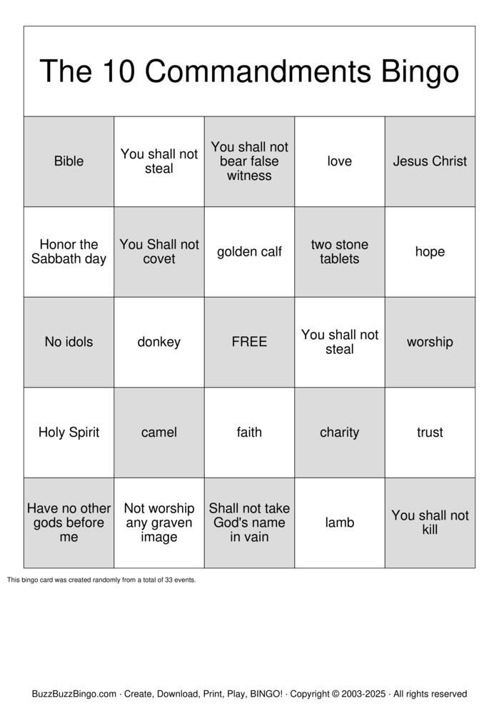 Download Free The 10 Commandments  Bingo Cards
