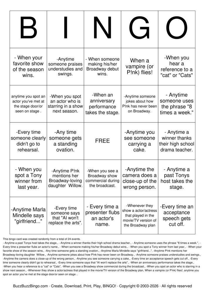 Download Free Tony Awards Bingo Cards