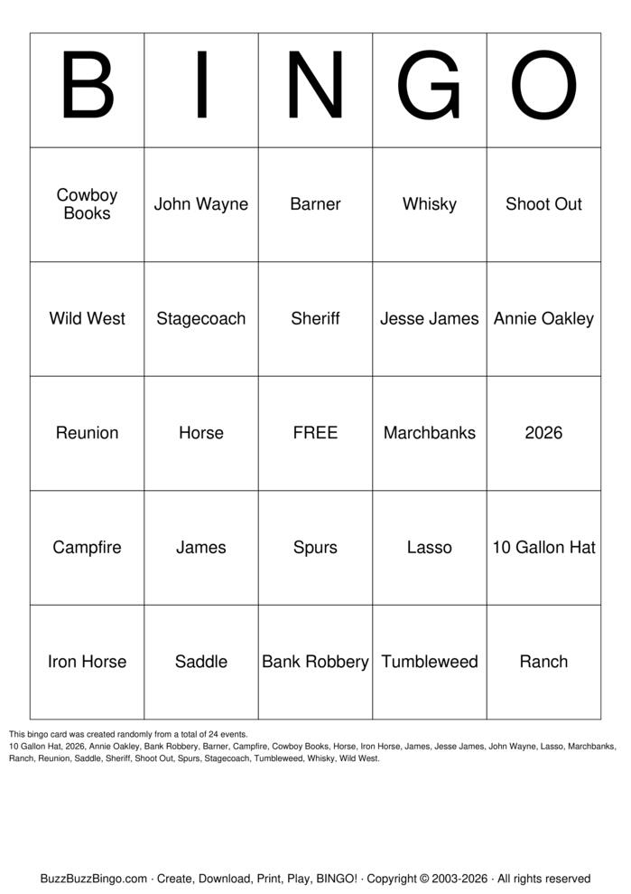 Download Free Western Bingo Cards