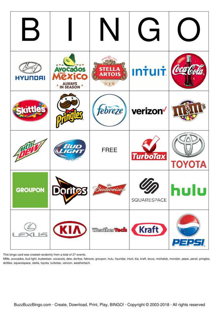 2018 Superbowl Commercials Bingo Cards to Download, Print and Customize!