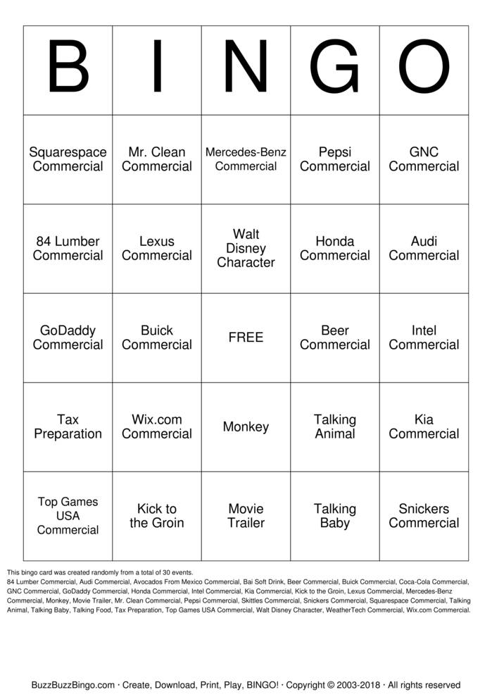 2018 Superbowl Commercials Bingo Cards to Download, Print and Customize!