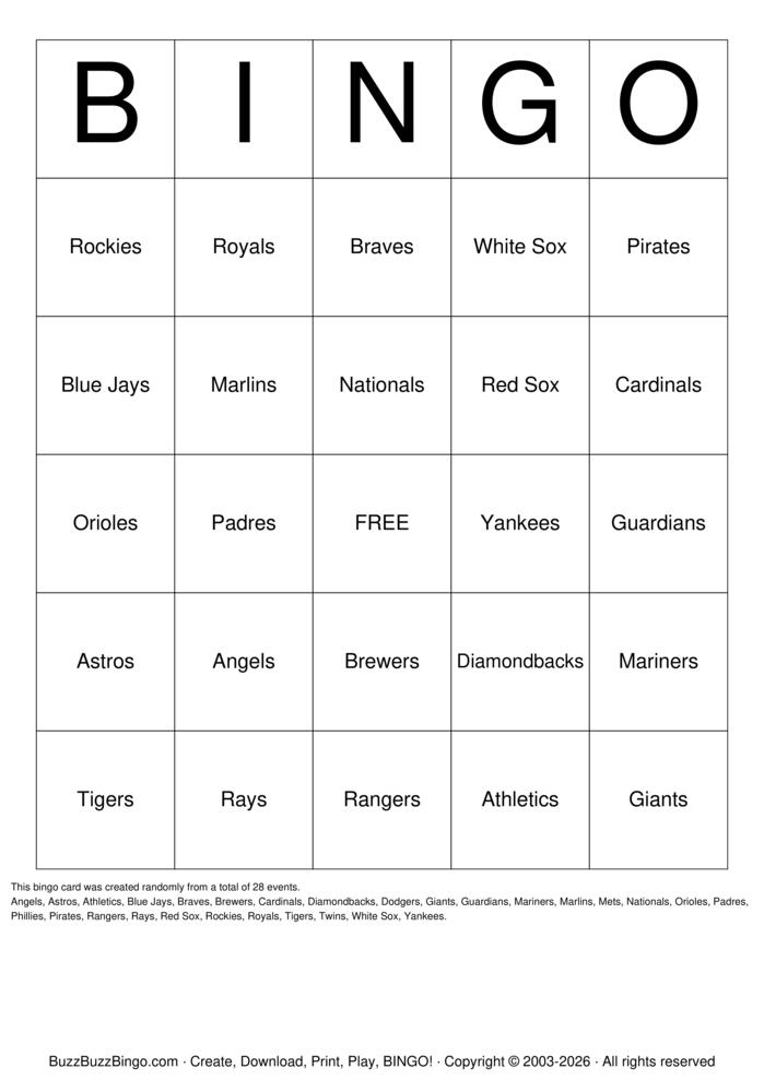 Download Free Baseball Bingo Cards