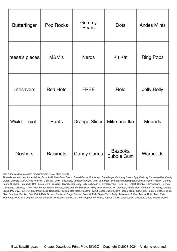 Download Free Candyland  Bingo Cards