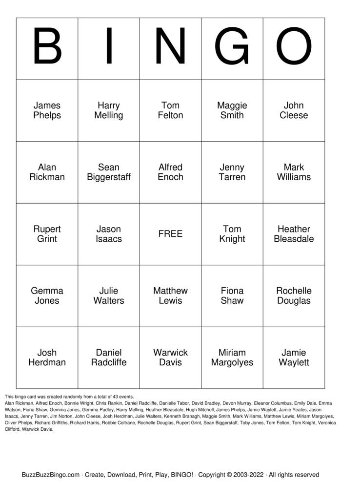 Download Free Cast of Harry Potter Bingo Cards