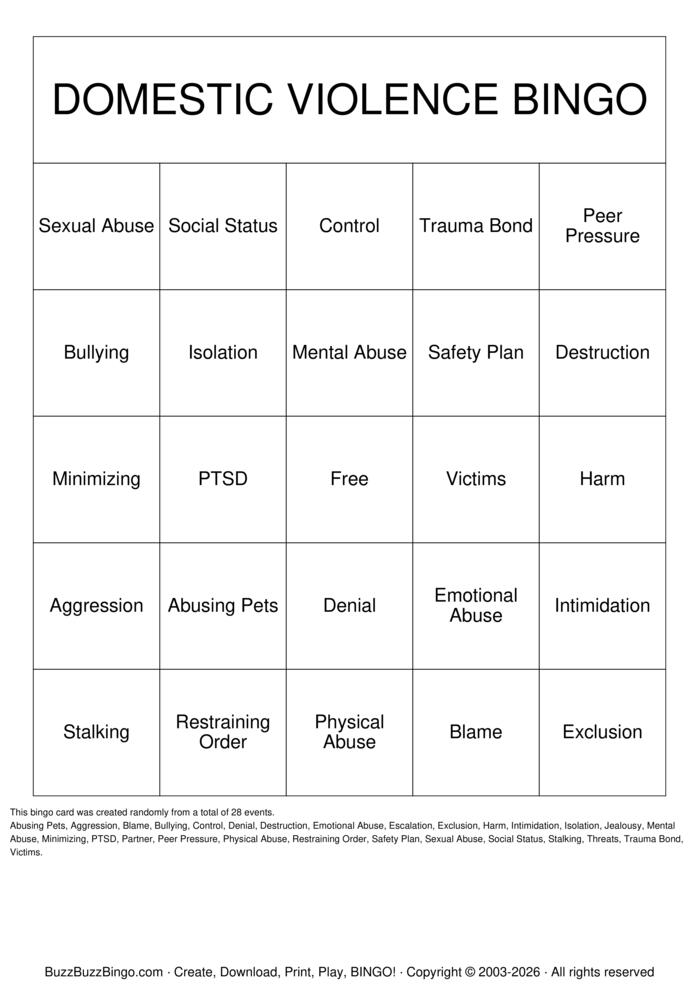Download Free DOMESTIC VIOLENCE Bingo Cards Download Free DOMESTIC VIOLENCE Bingo Cards