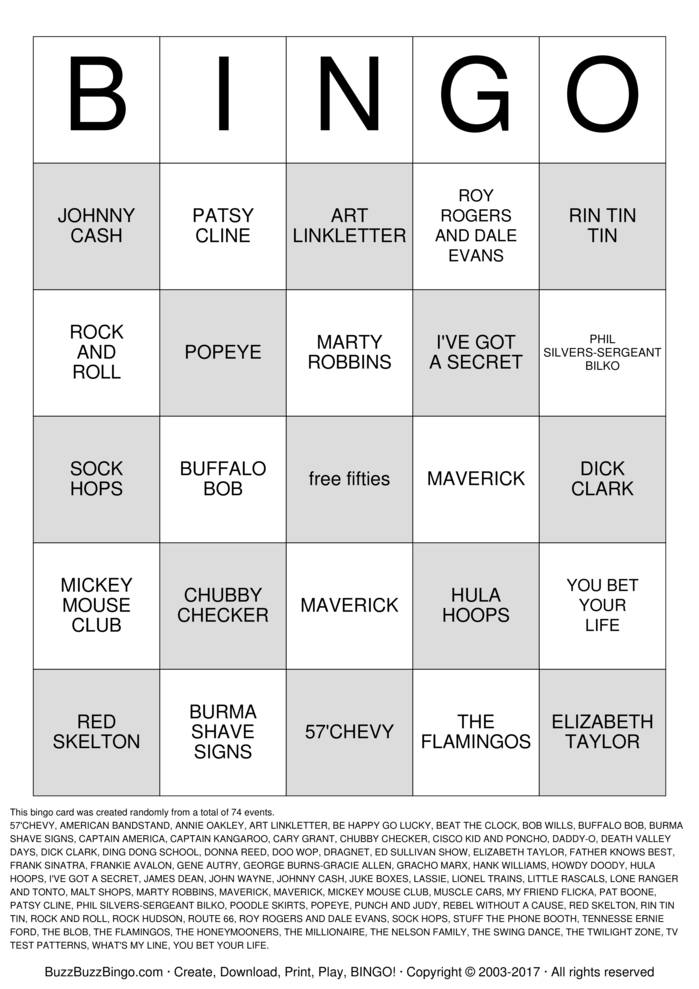 FABULOUS 50s Bingo Cards to Download, Print and Customize!