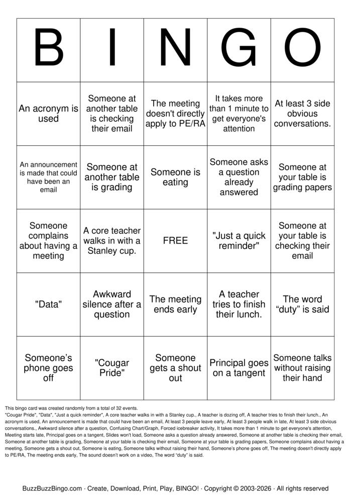 Download Free Faculty meeting BINGO Bingo Cards