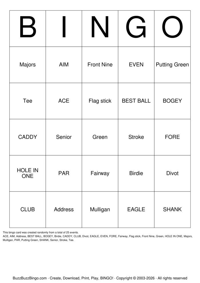 Download Free Golf Bingo Cards Download Free Golf Bingo Cards