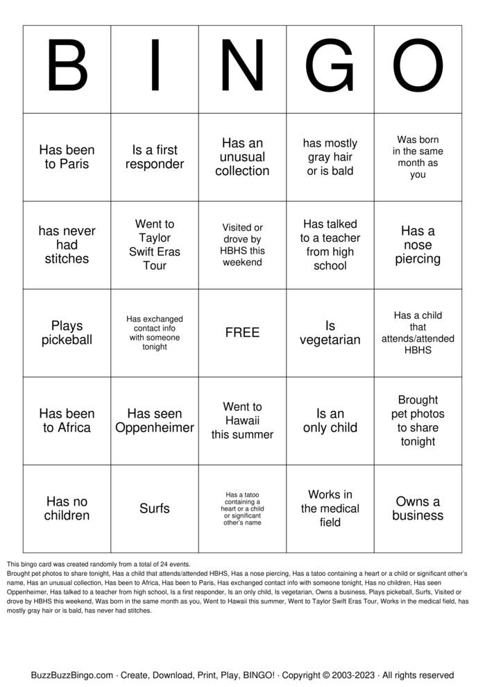 HBHS 30th Class Reunion Bingo Cards to Download, Print and Customize!