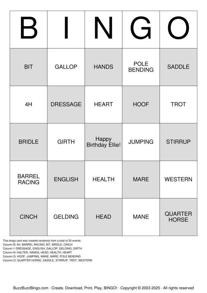 HORSE Bingo Cards to Download, Print and Customize!