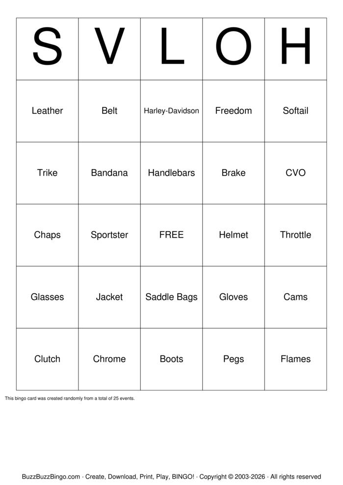 Download Free  Harley-Davidson Bingo Cards
