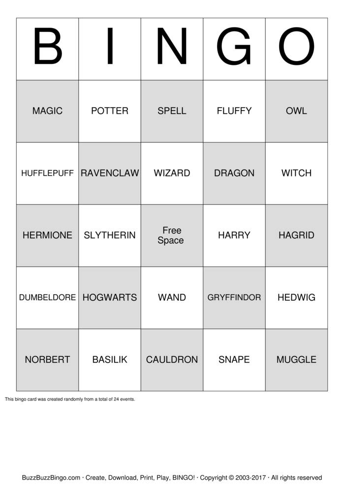 Harry Potter Bingo Bingo Cards to Download, Print and Customize!