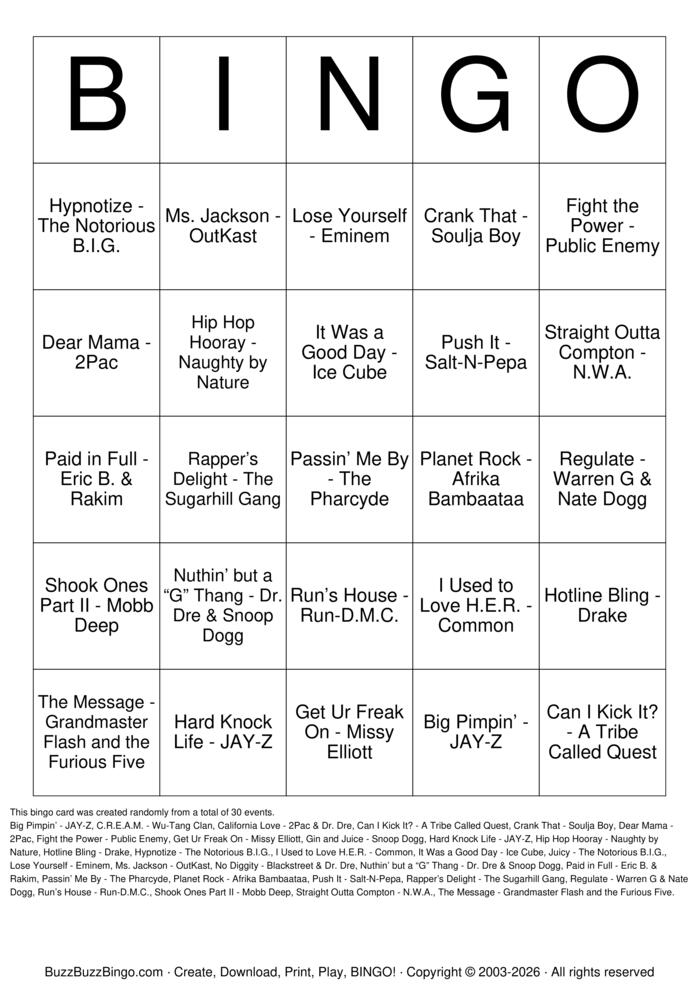 Download Free Hip-Hop Classics Bingo Cards