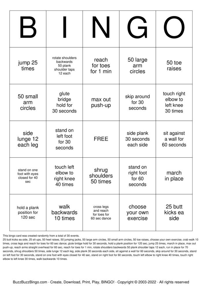 Download Free  Intense Fitness Bingo Bingo Cards