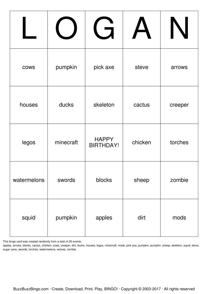Download Free MINECRAFT Bingo Cards