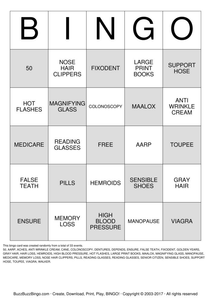 OVER THE HILL Bingo Cards to Download, Print and Customize!