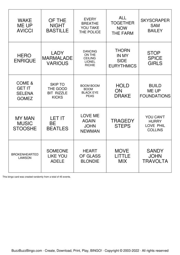 Download Free Rock 'N' Roll Bingo Cards